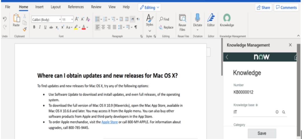 Microsoft Word to access ServiceNow